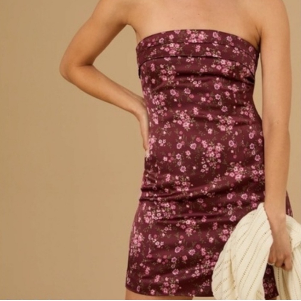 Altar'd State Strapless Floral Dress - Burgundy and Pink